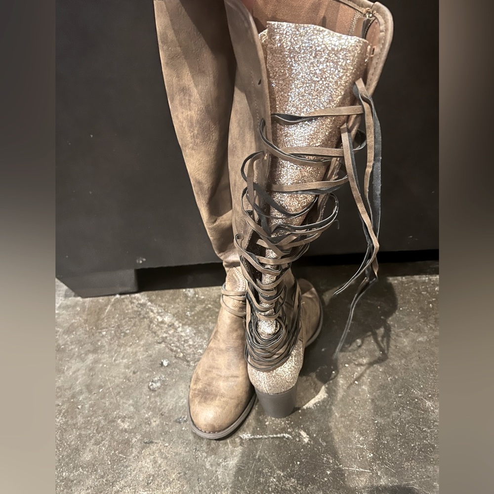 Tall Brown and gold glitter boots. Size 9